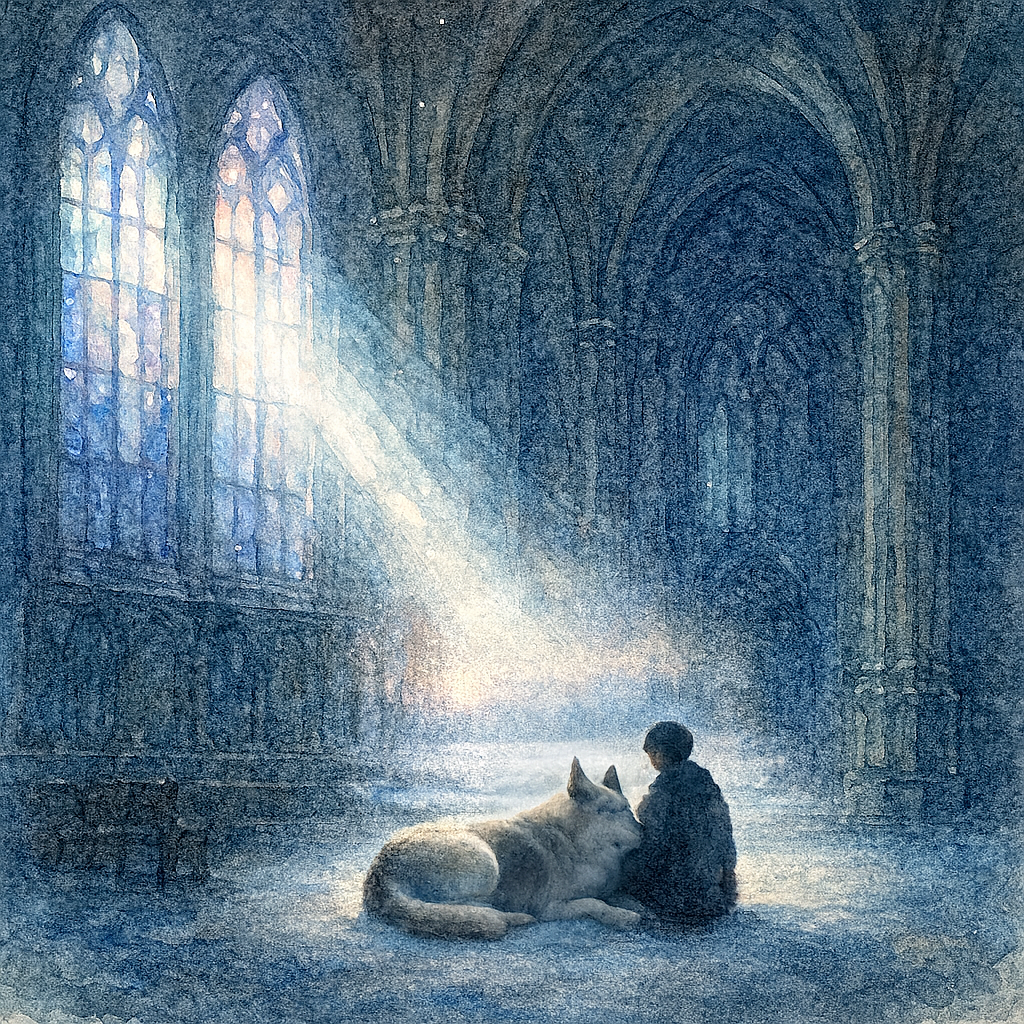 大聖堂の光の中に座る少年と犬