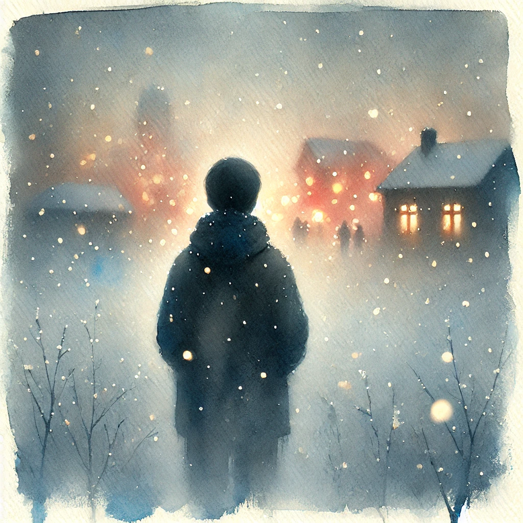 雪の夕暮れ、遠くの村の灯りを見つめる少年の後ろ姿