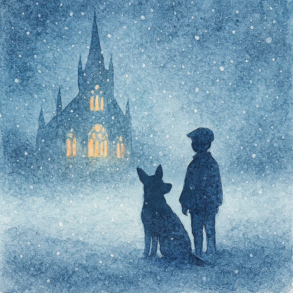 雪の夜、大聖堂の光の前に立つ少年と犬の影