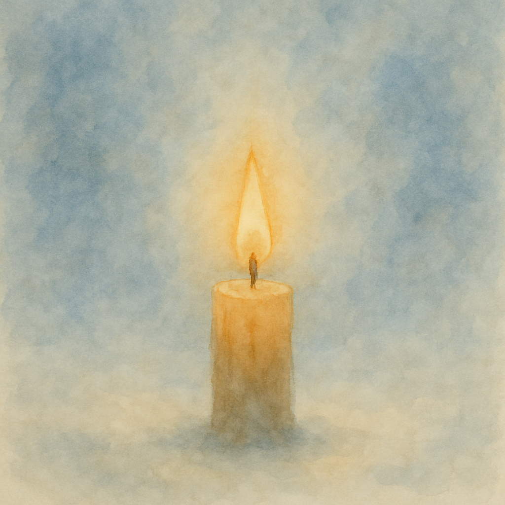 淡いブルーに包まれた小さなろうそくの火