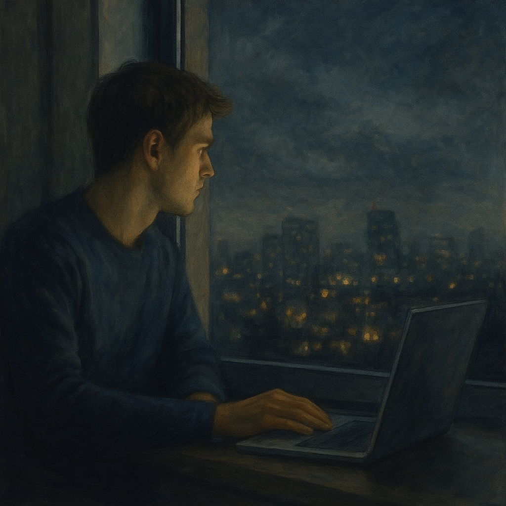 都市の夜、窓辺で思索する青年。