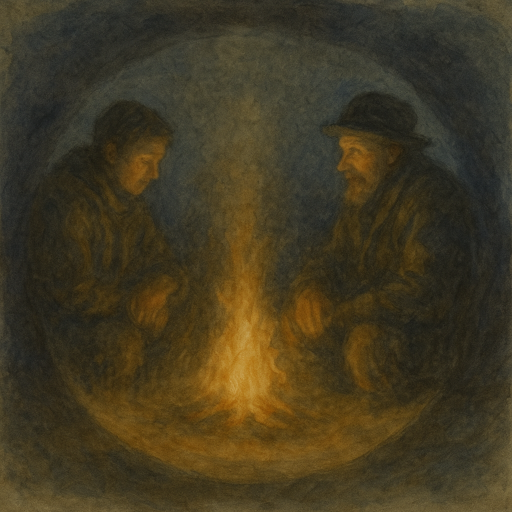 焚火の輪に照らされる捕虜と農民。