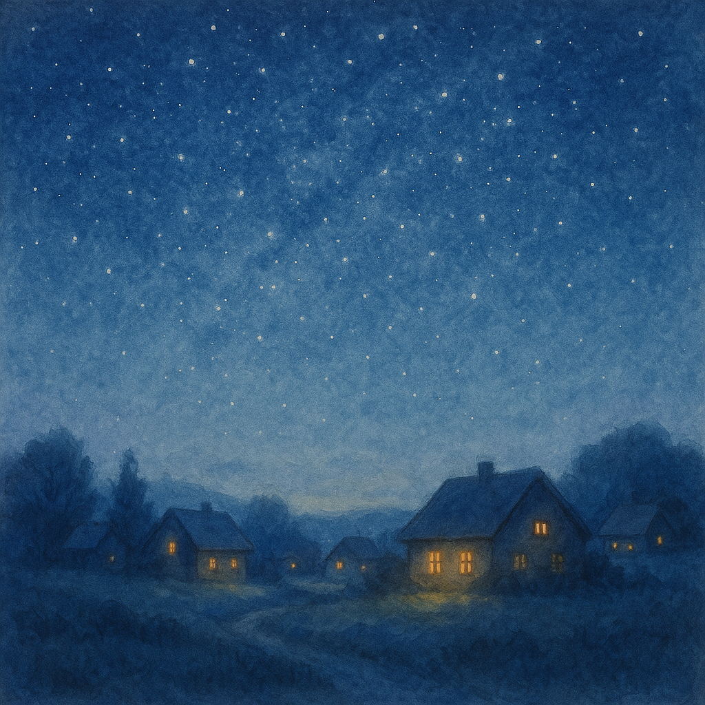 星降る夜の下、小さな村の家々に灯がともる。平和と共同体の調和を描いた水彩画。