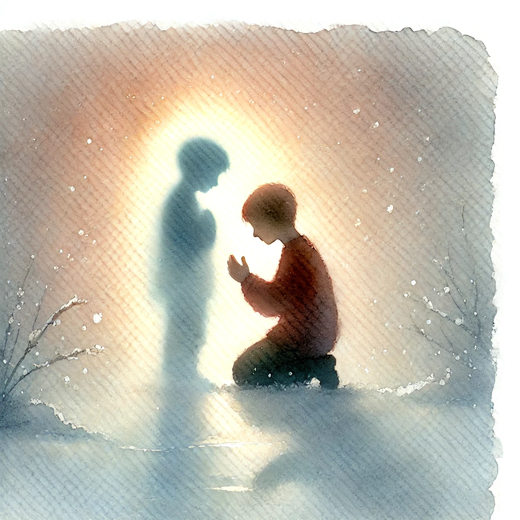 雪の中で自分の影を両手でそっと包み込む少年のシルエット