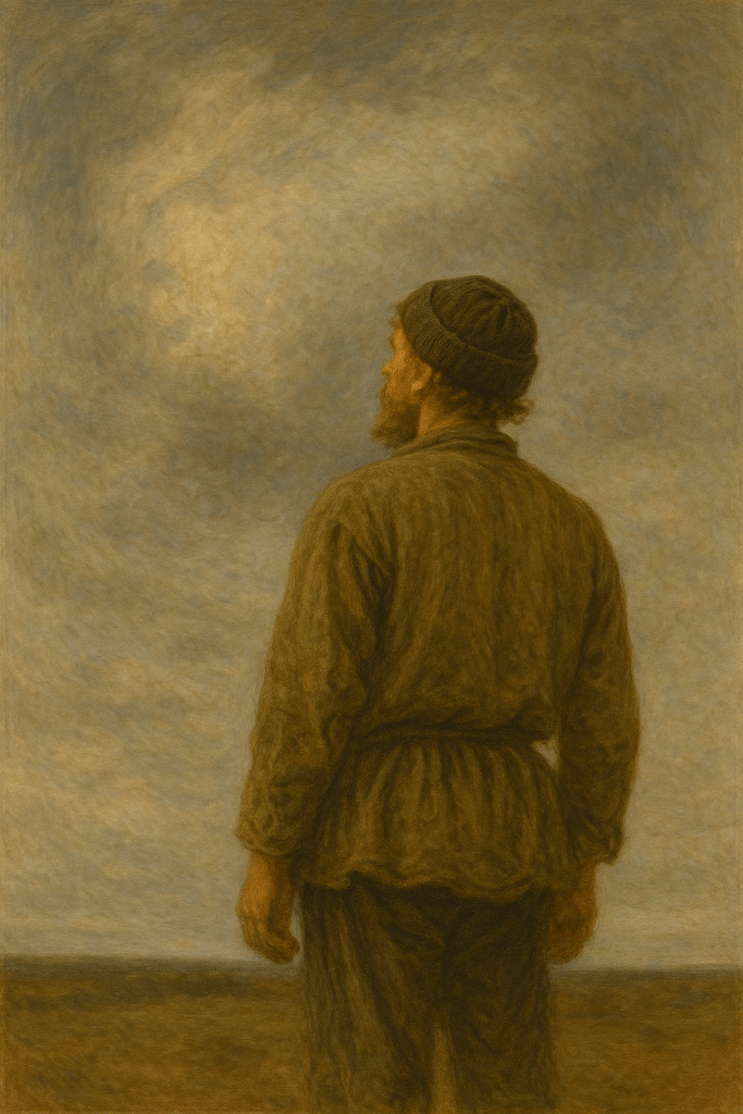 広大な空の下に立ち、静かに空を見上げる農民の姿。自然と一体化した魂の静けさを描く。