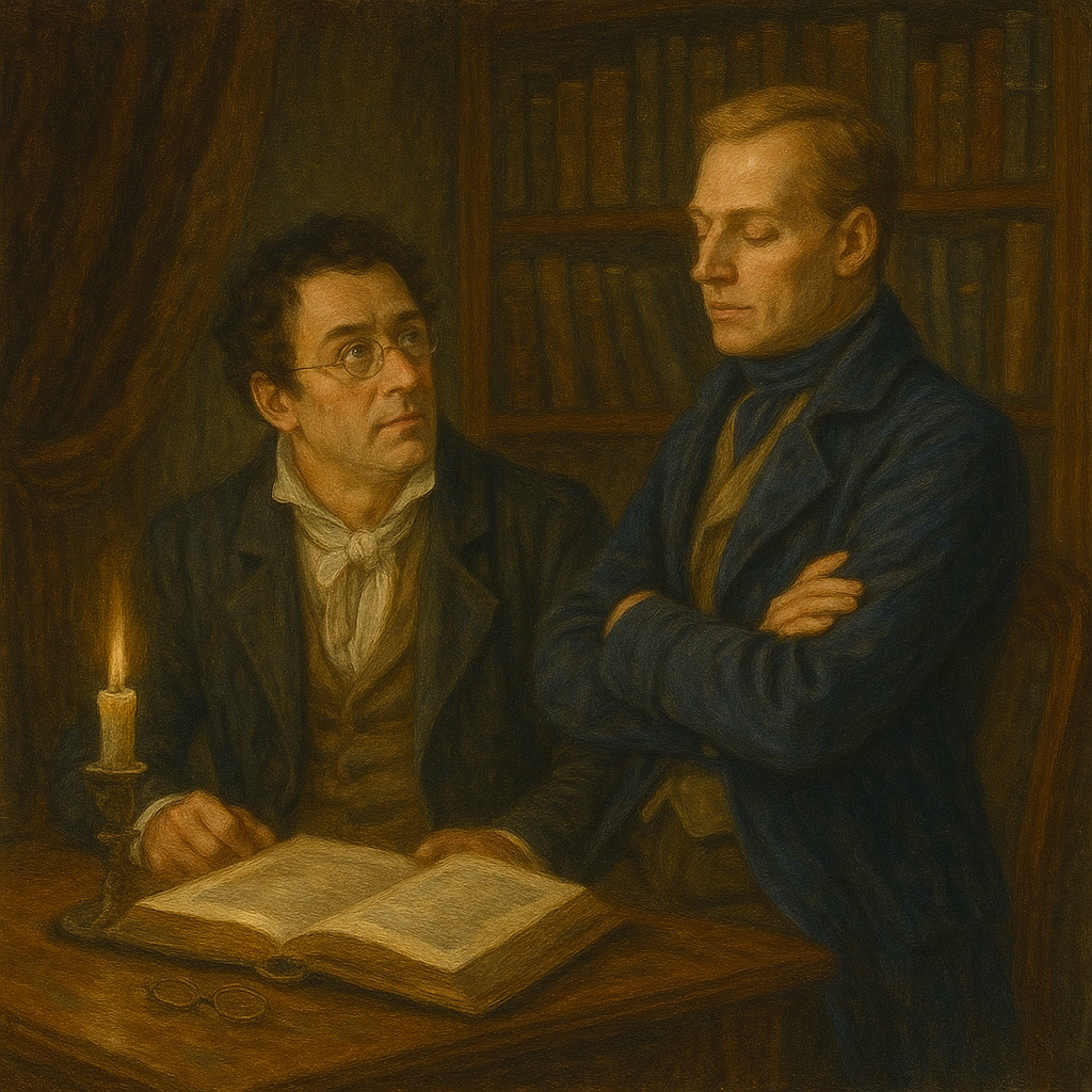 蝋燭の光のもとで語り合うピエールとアンドレイ。理性と真理を求める二人の知的探求を描く。