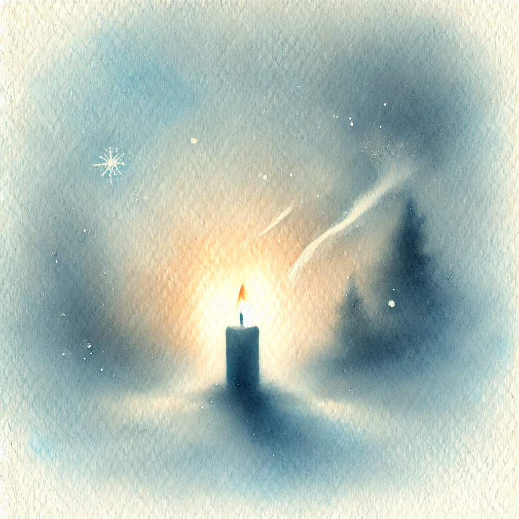冷たい冬空気の中で淡く灯る一本のろうそく