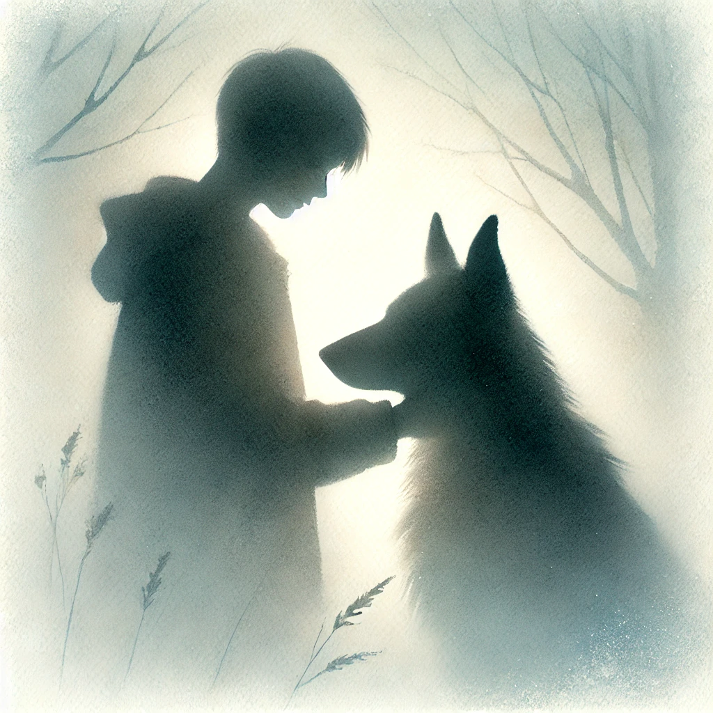 少年と耳の立った大型犬が静かに寄り添う影絵風の構図