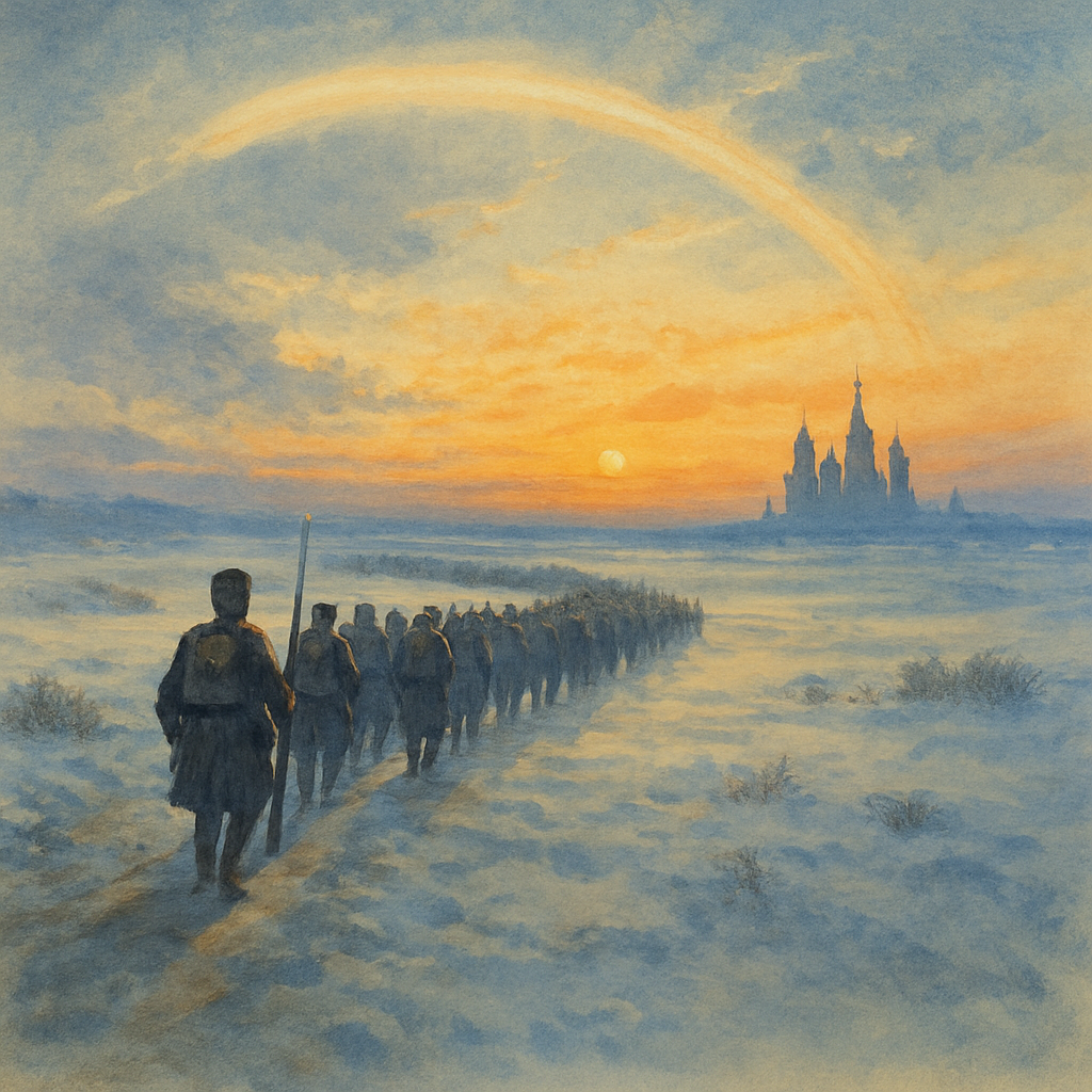 ロシアの夜明け、大地を進む兵士たち。運命と愛が交錯する叙事詩の象徴。