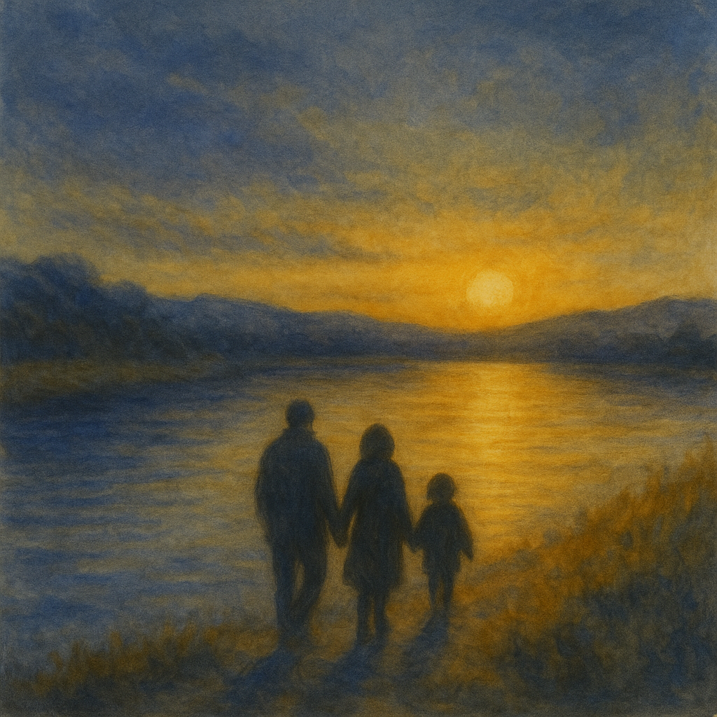 夕暮れの川辺を歩く家族。