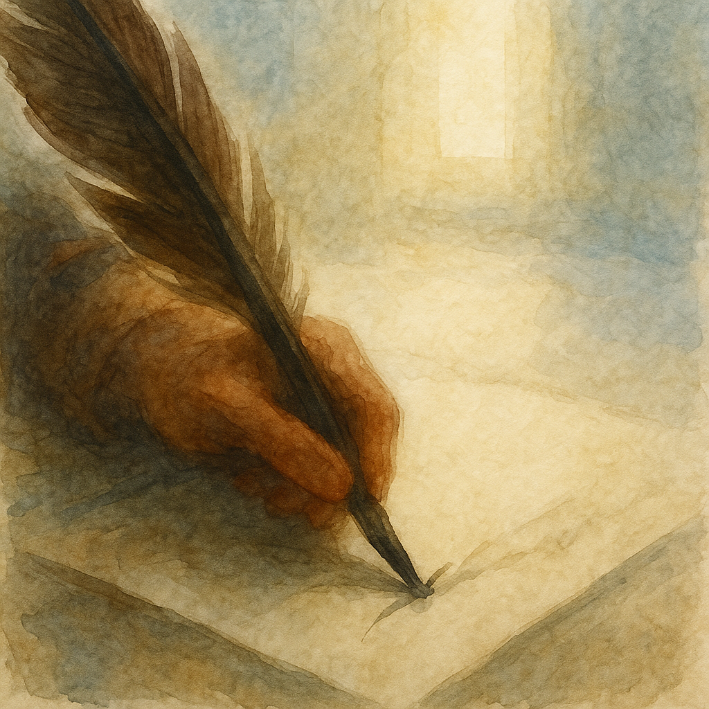 羽ペンが紙に強く押される瞬間のクローズアップ