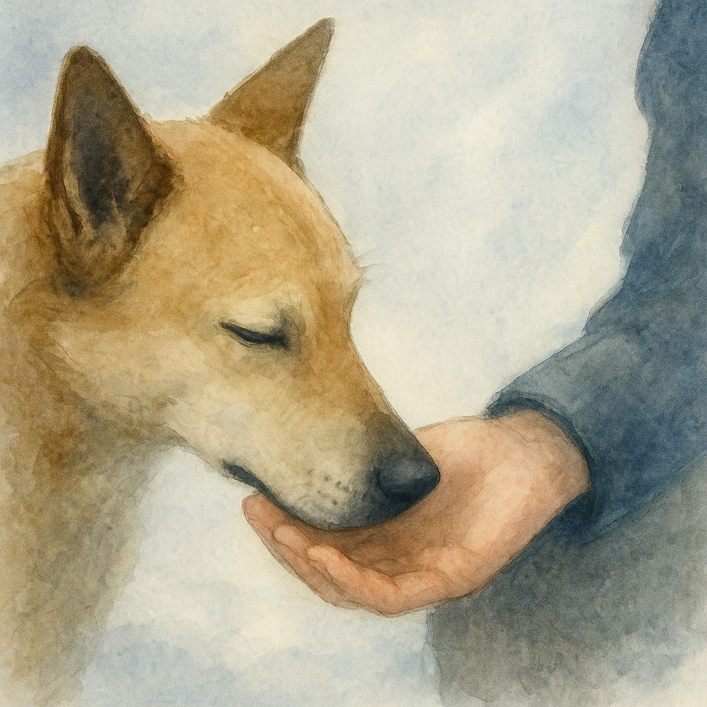 少年の手にそっと鼻を寄せる犬