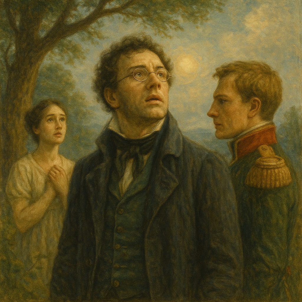 戦場の混沌を前に立ち尽くすピエールとアンドレイ、祈るナターシャを描いた象徴的な場面