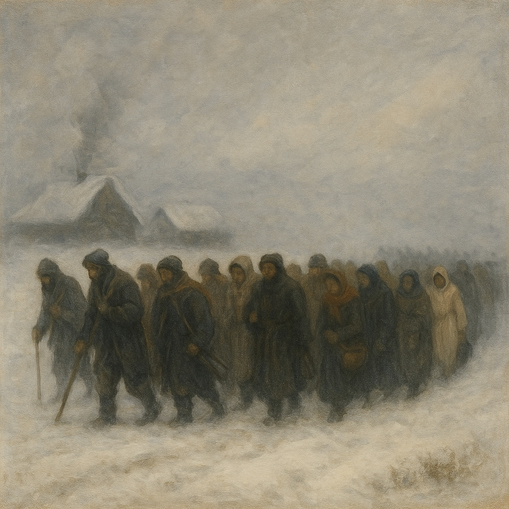 雪原を歩く無名の農民たち。