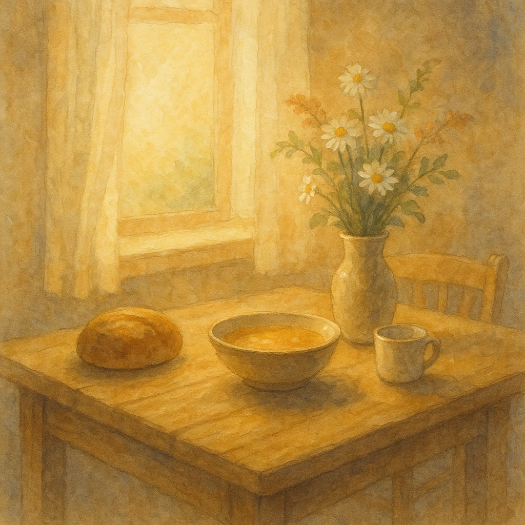 パンとスープ、野の花が置かれた木の食卓。朝の光が差し込む静かな部屋を描いた水彩画。