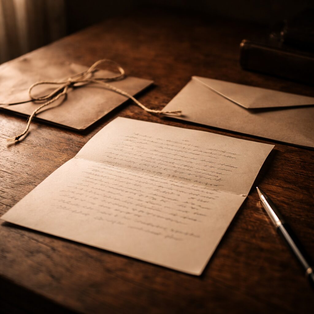 机の上の開いた手紙と封筒、ほどけた紐。柔らかな光が紙面を照らす