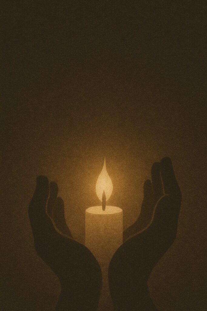 冬の夜に両手で包まれた小さな灯りの影絵風イメージ