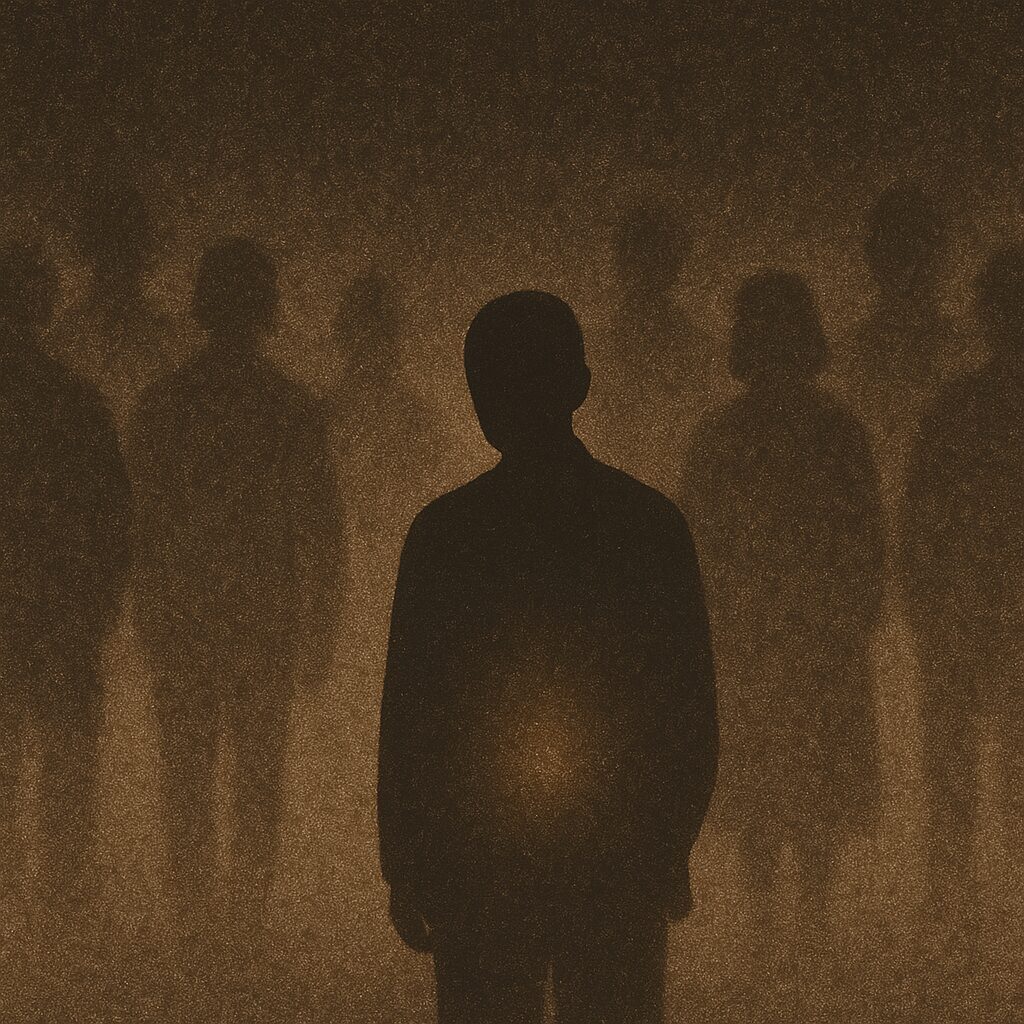 人混みの中に佇む一人の影と、足元に灯る淡い光の象徴的な情景