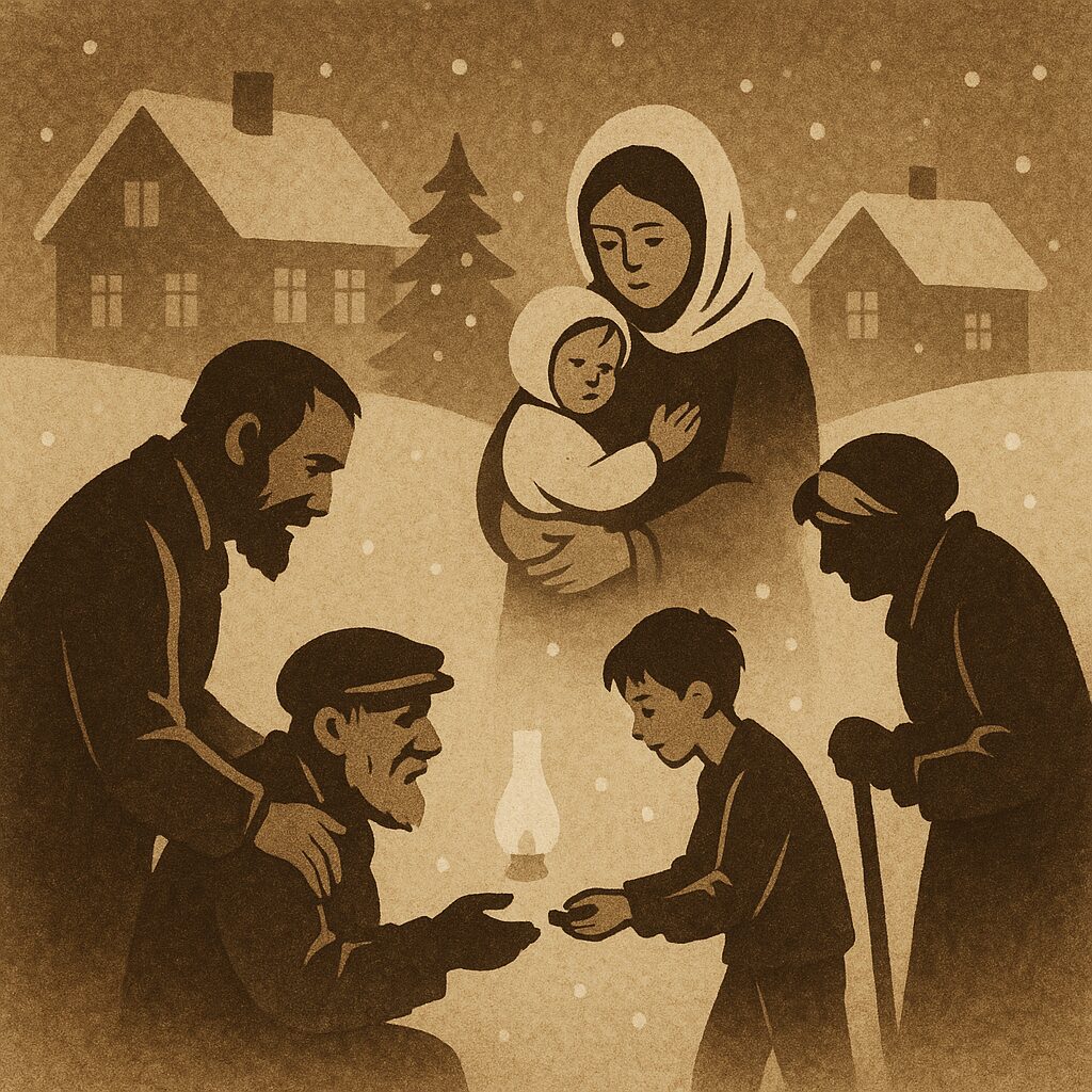 雪の村で、老人や母子、少年などが互いに小さな親切を手渡し合う場面を描いた生成り調の影絵風挿絵