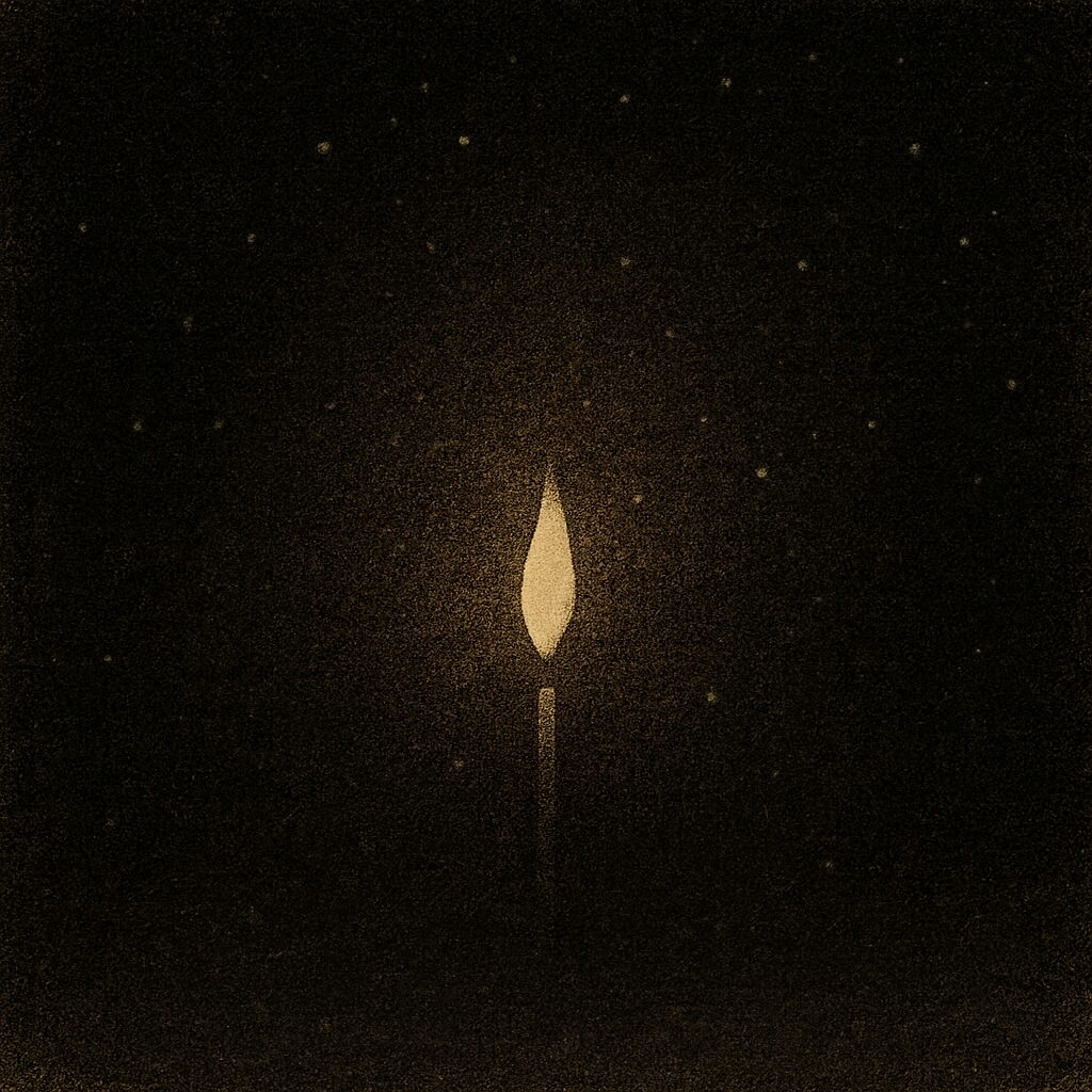 深い冬の夜の闇の中に静かに灯る一本の細い光