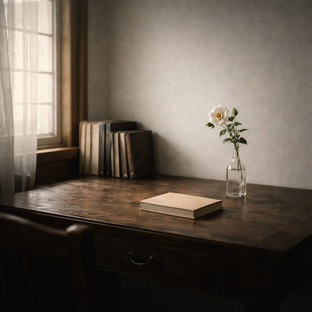 白い壁の簡素な部屋に整えられた書物と、細い白い花が一本だけ置かれている