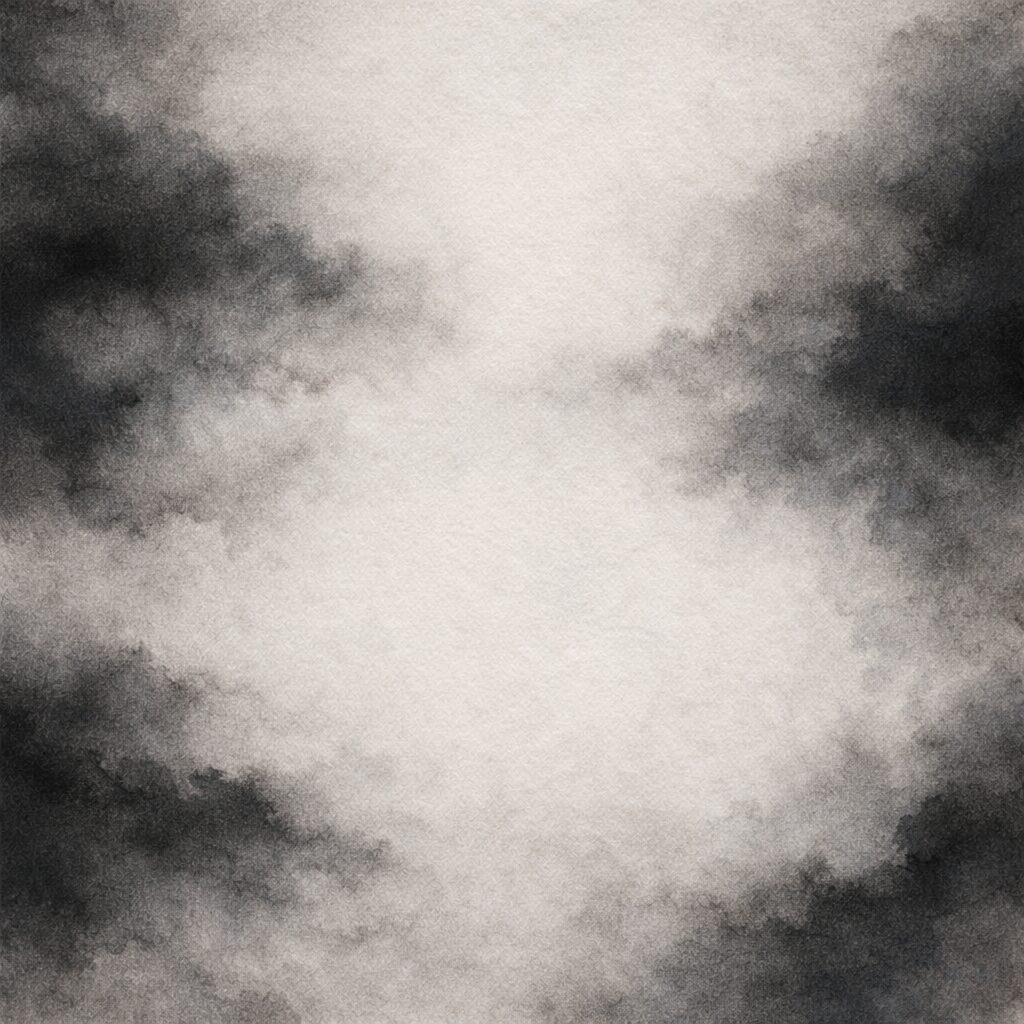 和紙の質感の上に淡い墨がにじみ、中央に広い余白が残る抽象画