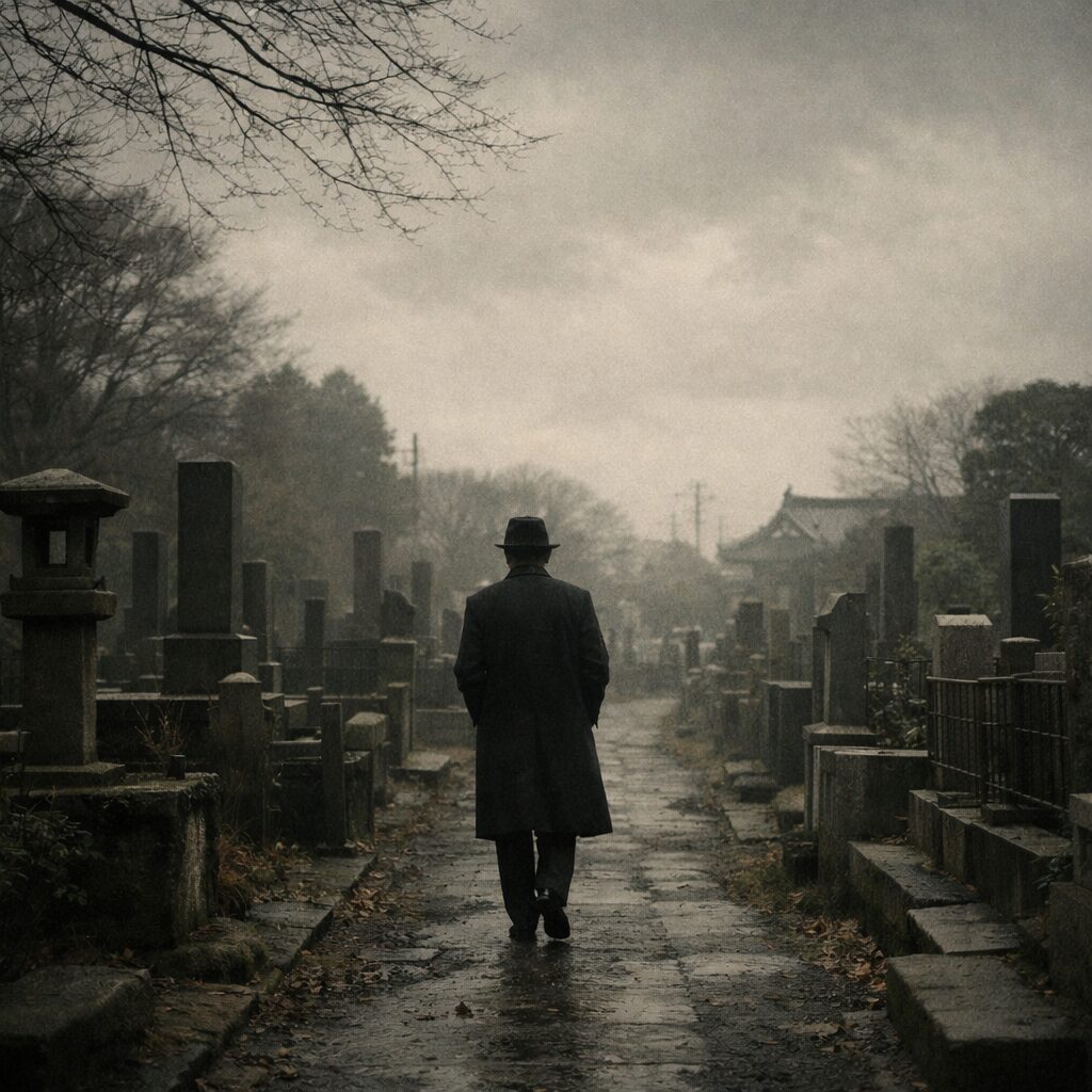 曇り空の墓地の小道を一人歩く男性の後ろ姿