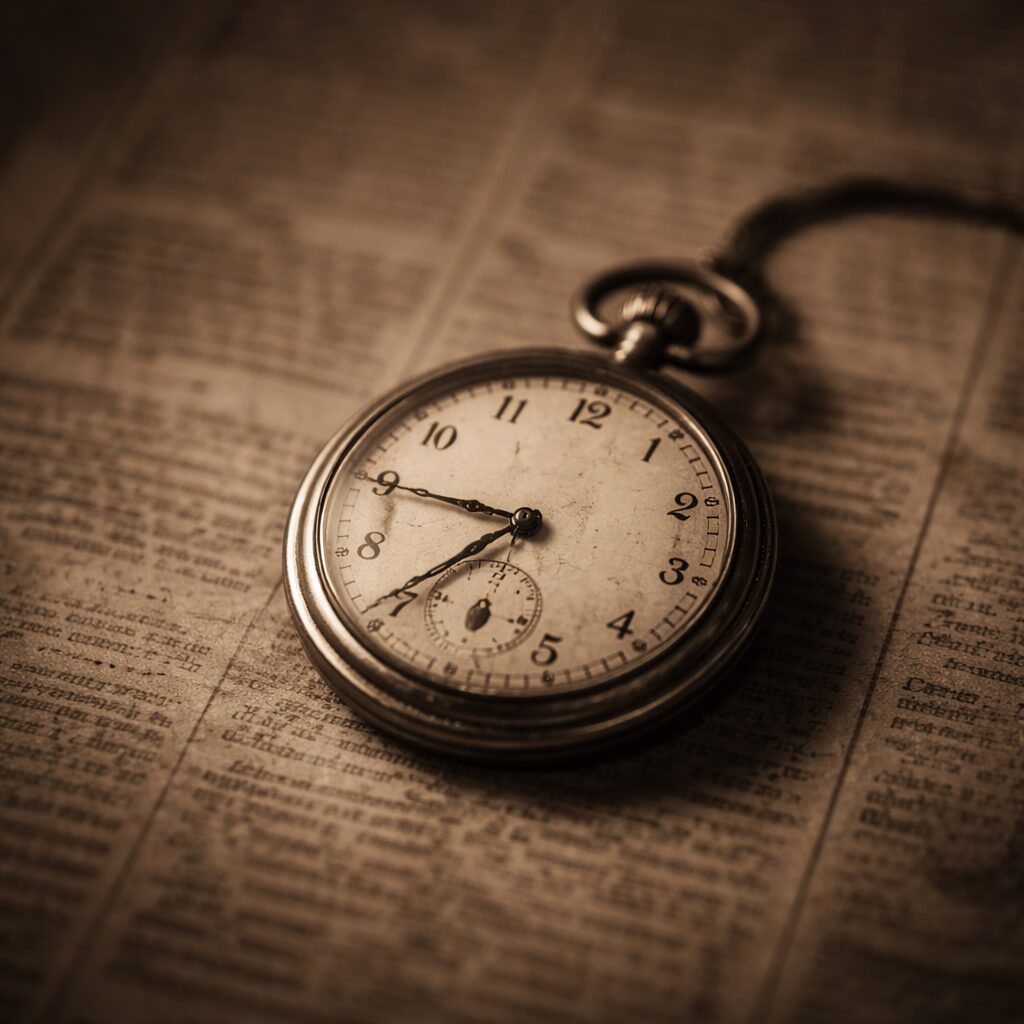 読めないほどぼかした古い新聞の上に、針の止まった懐中時計が置かれている