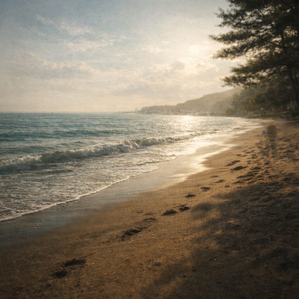 夏の鎌倉の海辺。濡れた砂と長い影、水平線。足跡や痕跡が「誰かの気配」をほのかに示す