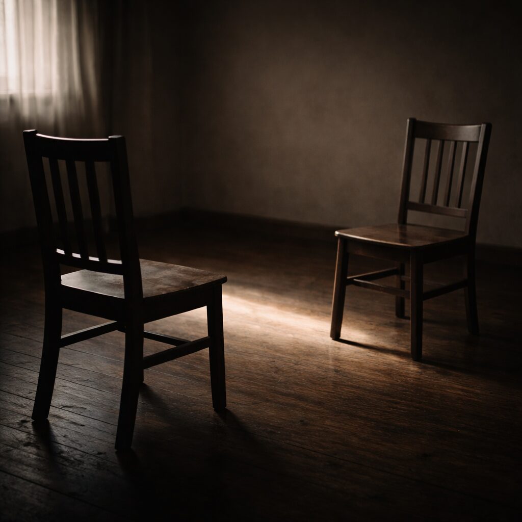 静かな部屋で二つの椅子が向かい合うが、一脚が少し後ろへ引かれ、間に冷たい光が落ちている