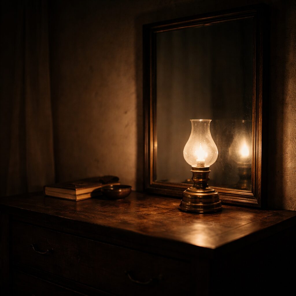 暗い部屋で小さなランプが鏡の前に置かれ、鏡には人物ではなく光だけが映っている