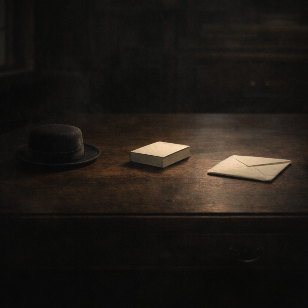 机の上に黒い帽子、白い文庫本、未開封の手紙が少し距離を置いて置かれ、中央に小さな空白がある