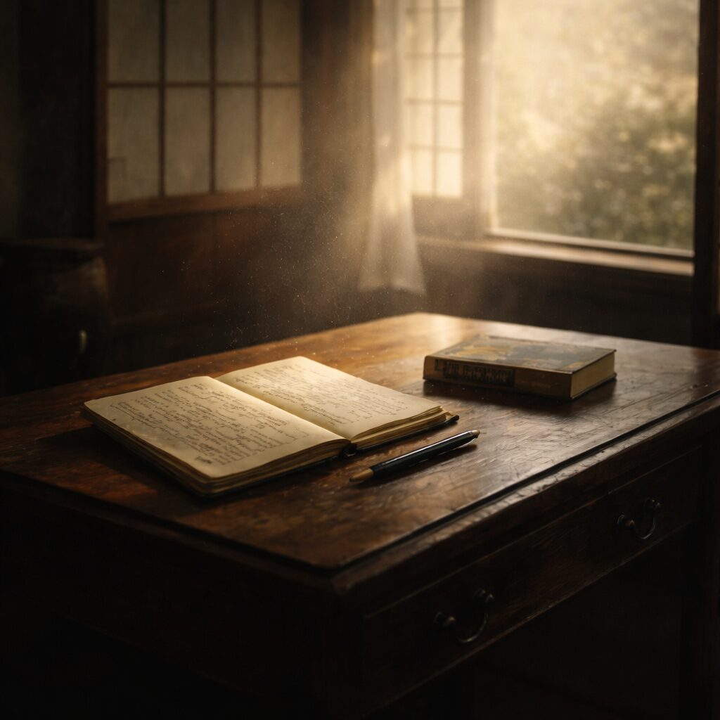 木の机の上に原稿用紙と万年筆と文庫本が置かれ、障子越しの朝光が斜めに差す静かな書斎