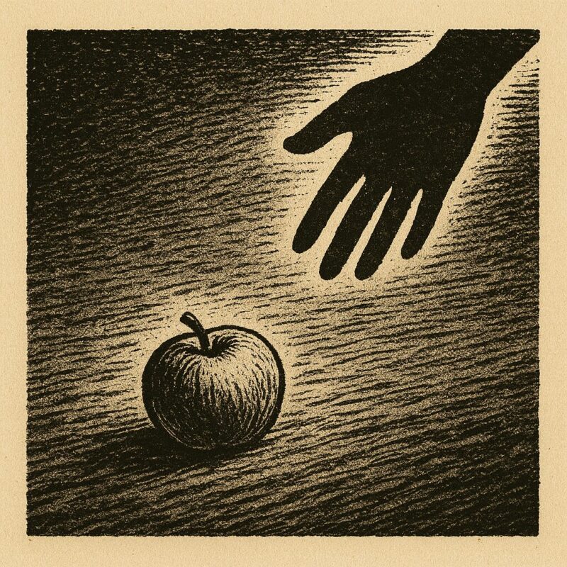 地面に落ちたリンゴに向かって差し出される手の影