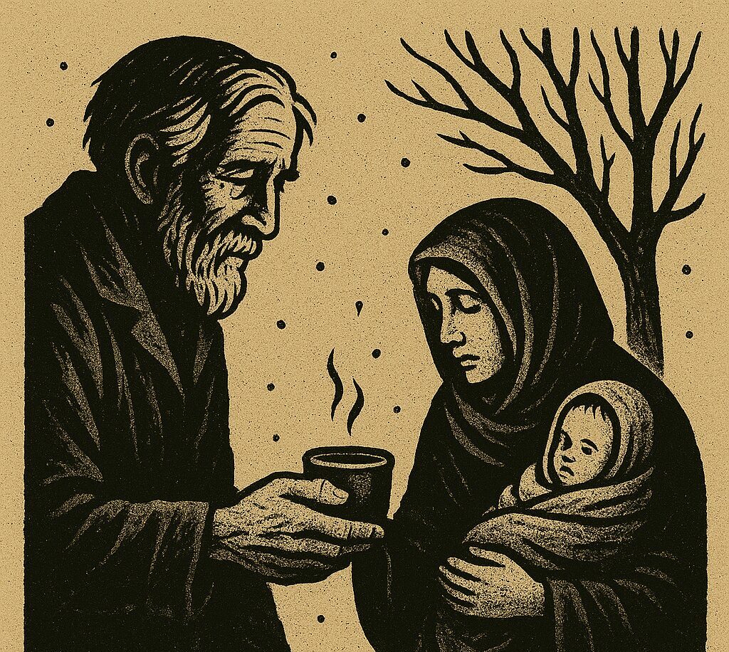 寒い冬の日、靴職人マルティンが母子に温かい飲み物を差し出す影絵風の挿絵