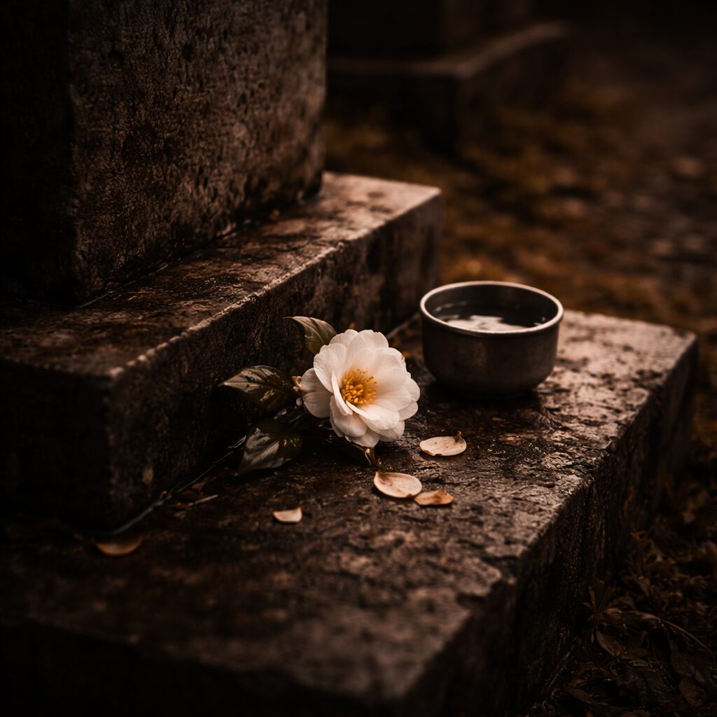 墓前に一輪の花と水の入った小さな器が置かれ、花びらが少しだけ崩れている