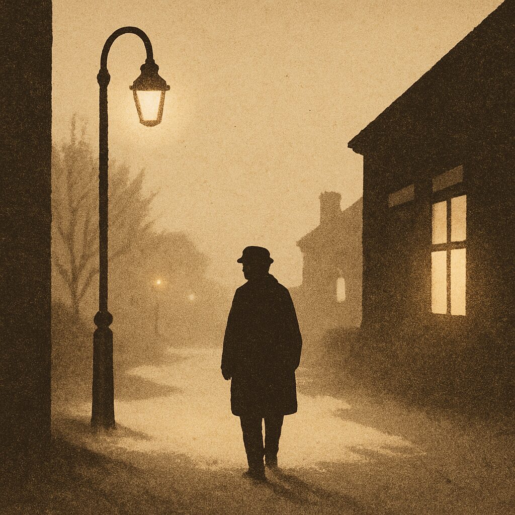 冬の夕暮れの街角に、影絵のような人影とやわらかな光が滲む情景