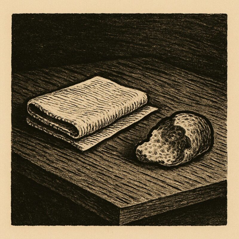 木の机の上に置かれた布切れと欠けたパンを描いた静物画