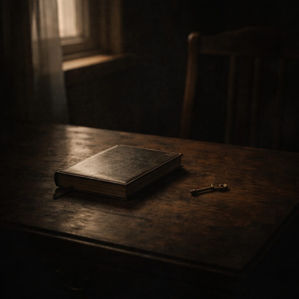 薄暗い部屋で、机上に小さな鍵と閉じた日記帳が置かれ、細い光が当たっている