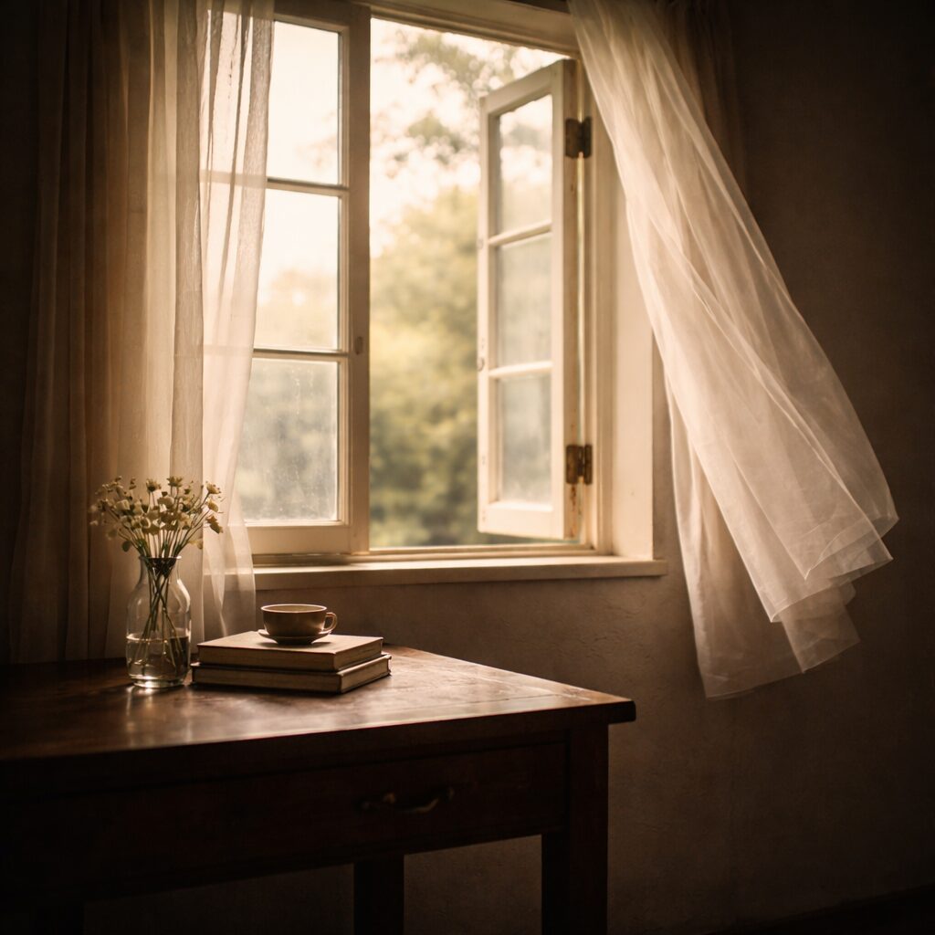 朝光の差す部屋。開いた窓と薄いカーテンがわずかに揺れ、空気が澄んで見える