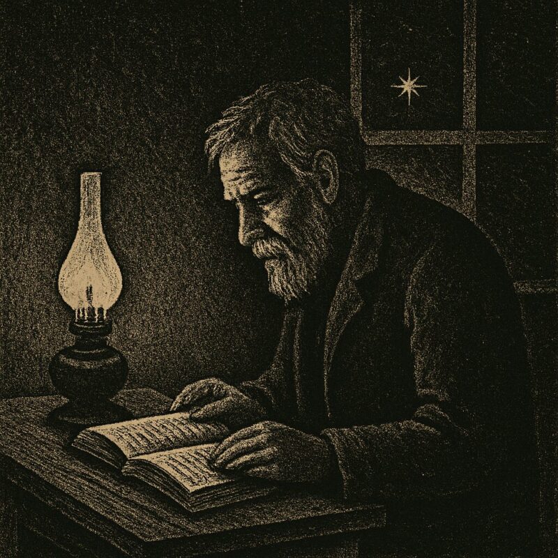 ランプの灯りで本を読む老人と、窓の外に小さく輝く星