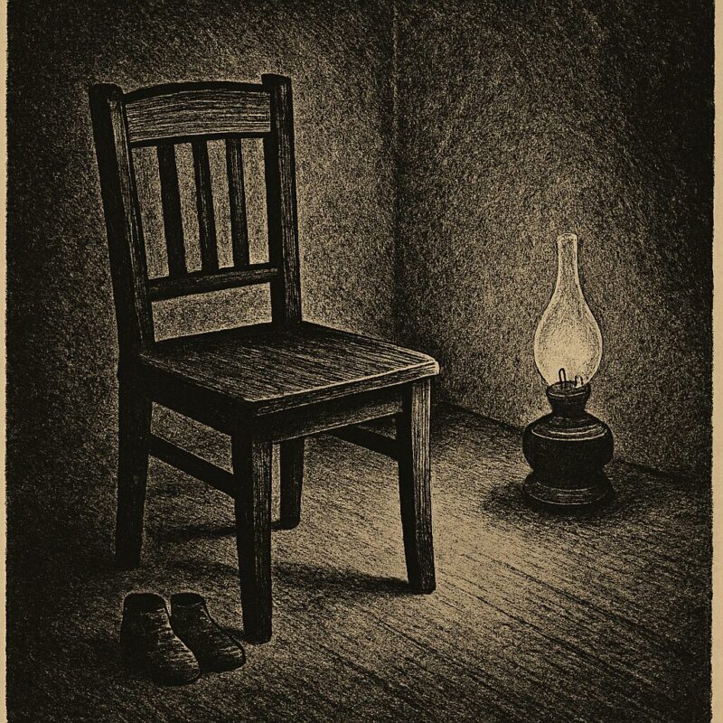 冬の暗い部屋に置かれた空の椅子と、足元に残された子どもの靴