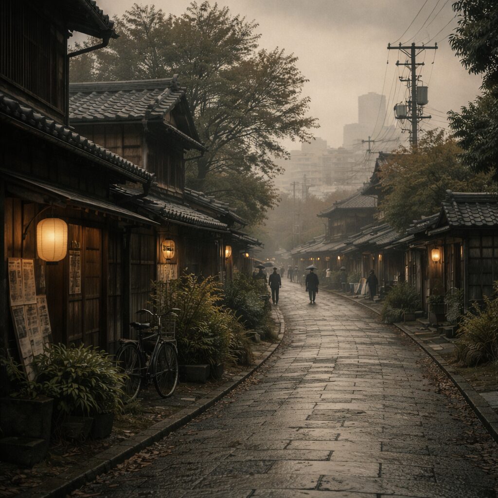 古い日本の街並みを歩く人々と夕暮れの静かな道