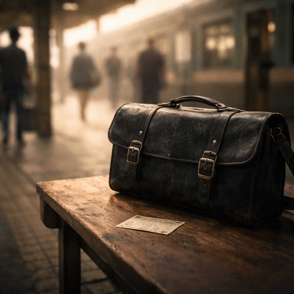 ぼやけた人の流れを背景に、手前に学生鞄と切符が置かれた駅の情景