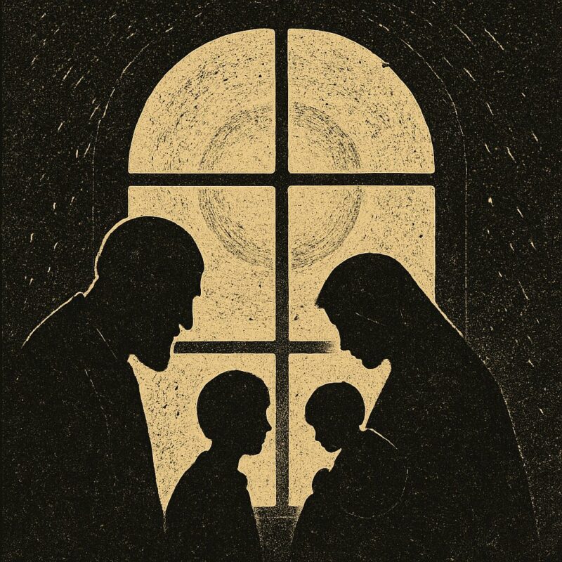 窓から差し込む光を背に、向き合う大人と子どもの影が描かれた象徴的な版画風イメージ