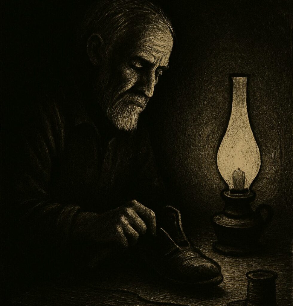 暗い部屋でランプの灯りを頼りに靴を修理する年老いた靴職人の影絵