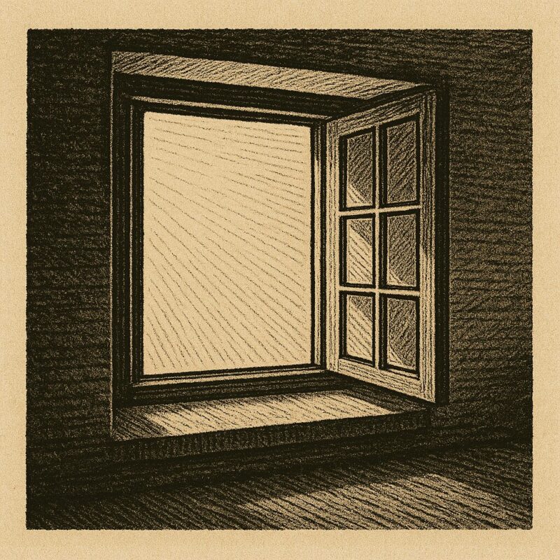 半地下の窓が開かれ、外の光が室内に差し込む情景