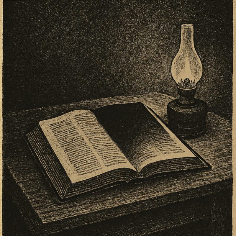 開かれた聖書が影に沈み、ランプの光が届かない机の上の情景