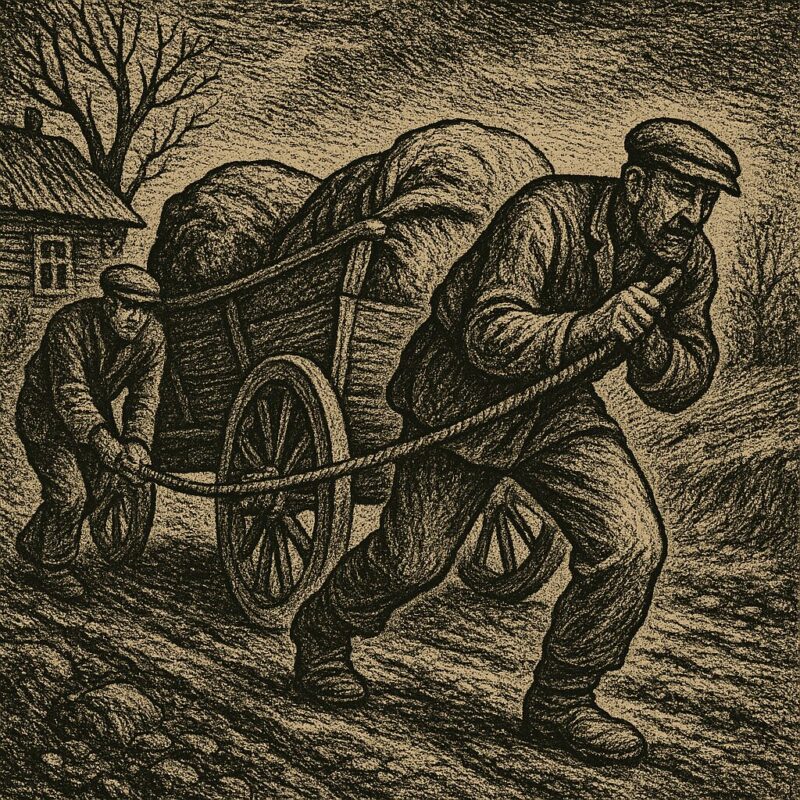 荷車を引きながら雪道を進む二人の労働者の版画風イメージ