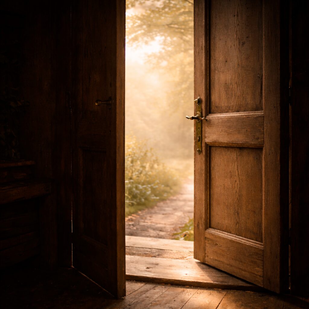 朝の光が差し込む古い扉